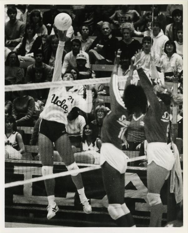 UCLA women's volleyball player, Liz Masakayan, hitting bowl, ca. 1983