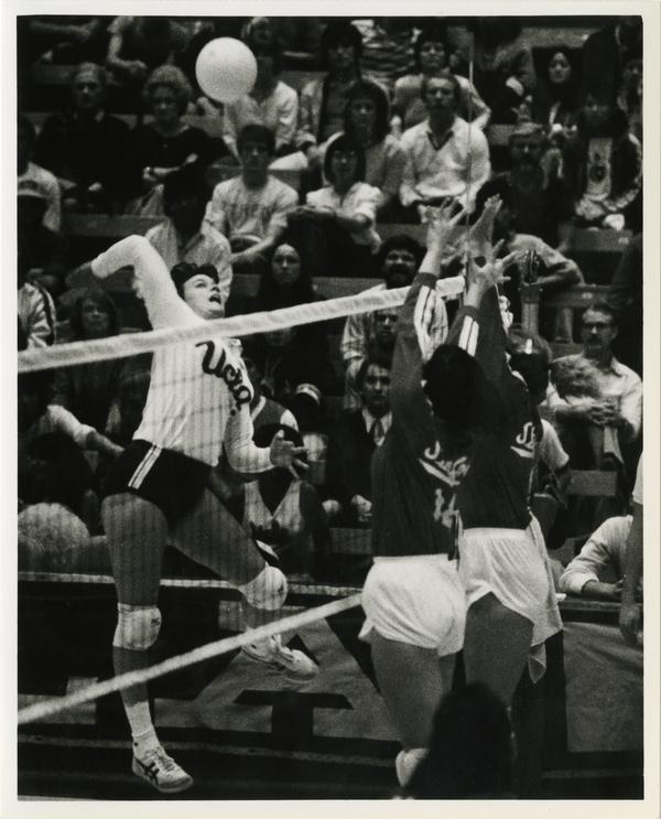 UCLA women's volleyball player, Michelle Boyette, during match, ca. 1983