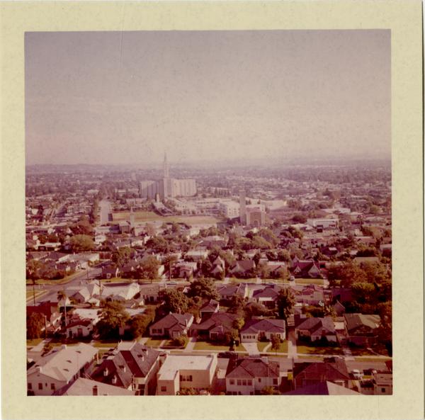 View of West Los Angeles and Mormon Temple, ca. 1964