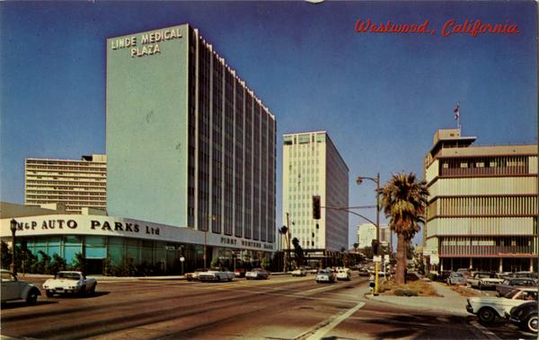 Looking east on Wilshire Boulevard from near Kelton Avenue, just east of the San Diego Freeway, ca. 1970