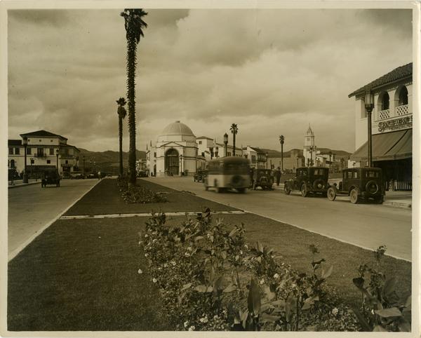 View down Westwood Blvd and of Westwood Village dome, Janns Investment Corporation, ca. 1929