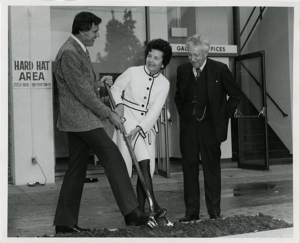Dr. Charles E Young, Mrs Franklin D Murphy, and Frederick S. Wight at Art Gallery groundbreaking, February 12, 1973