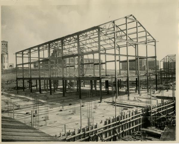 View of Steel frame of Women's Gymnasium, January 1, 1932