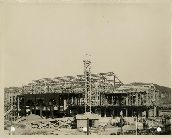 Looking northwest at Women's Gymnasium during construction, February 27, 1932
