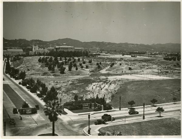 Aerial View from Westwood Village of snow-covered UCLA campus, May 1935