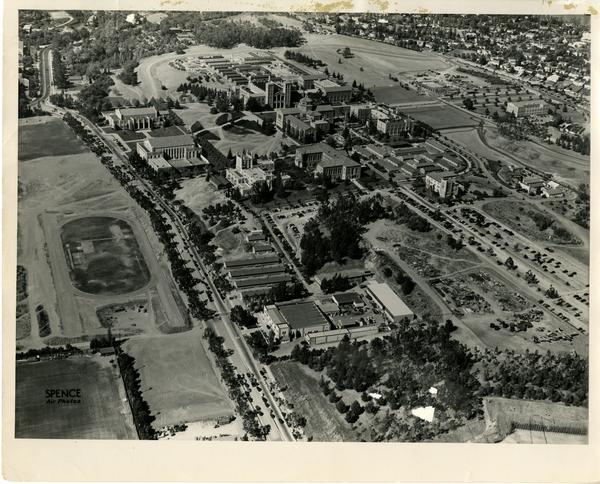 Aerial view of UCLA campus with barracks, August 1947