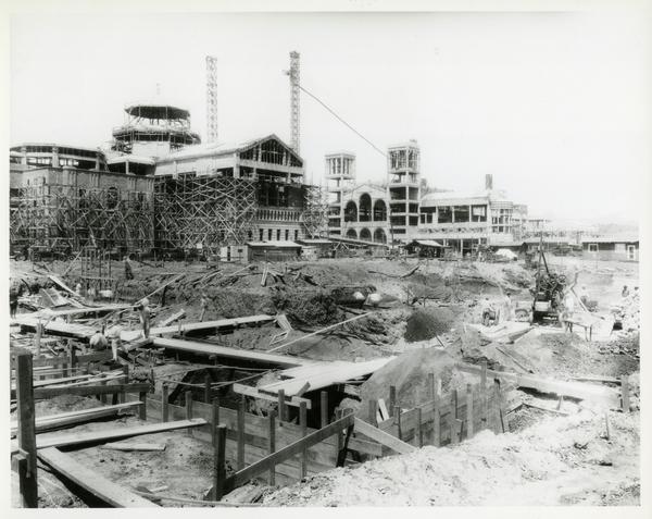 Powell Library and Royce Hall construction as seen from the future site of Kinsey Hall, 1928