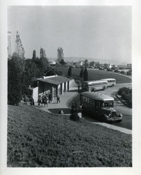 View of Hilgard-Strathmore Bus Stop, 1949