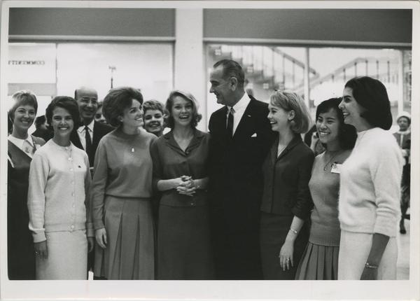 Lyndon Johnson and Clark Kerr with Bruin Belles on Charter Day, 1964