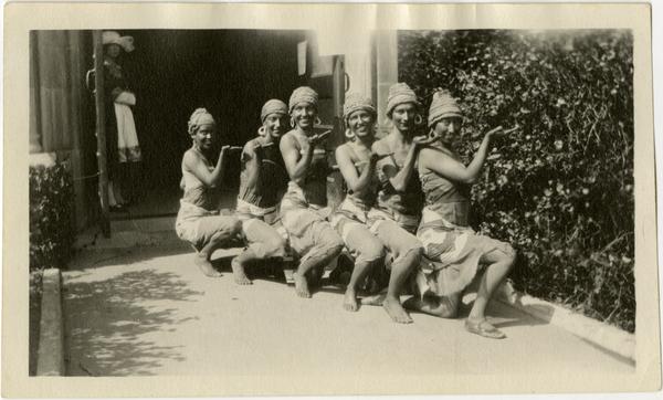 Six women in costume for Greek Drama on Vermon Campus, ca. 1924