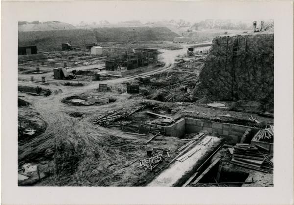 Looking southwest from northeast corner at UCLA Medical Center during construction, December 25, 1951