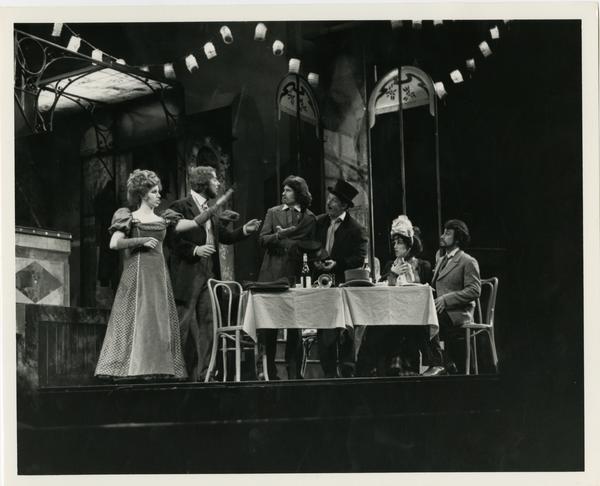 Actors practicing a scene during the La Boheme Dress rehearsal, 1978