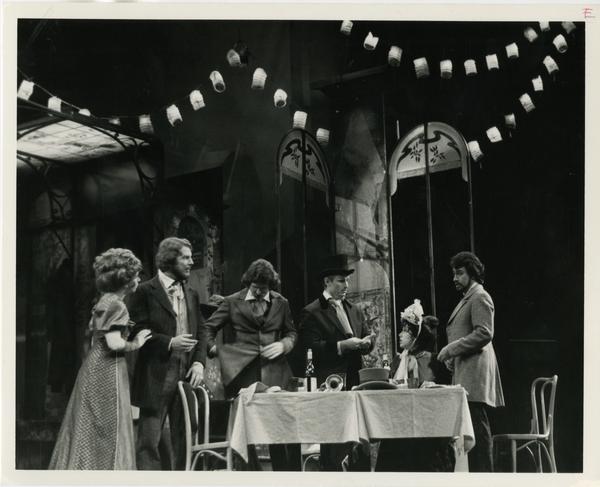 Actors practicing a scene during the La Boheme Dress rehearsal, 1978