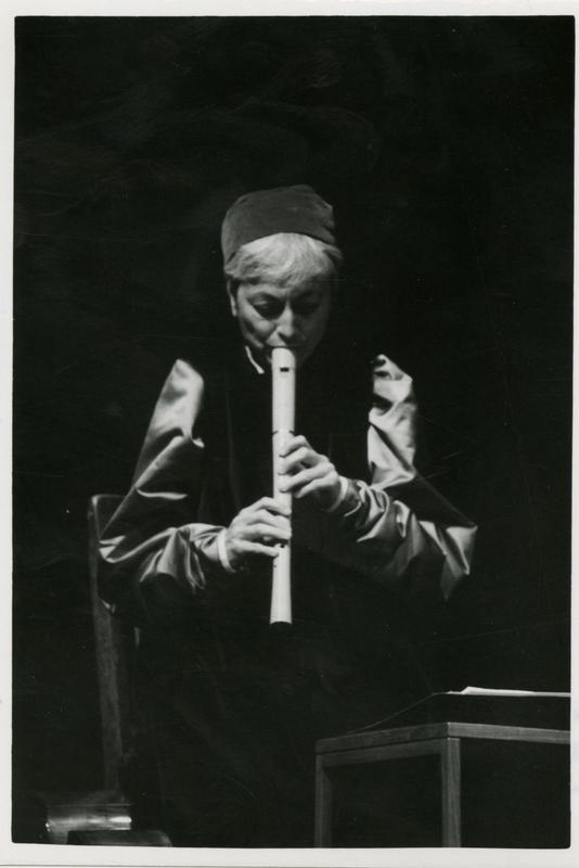 Actor plays on a musical instrument during a scene from Omaggio a Giorgione, June 8, 1978