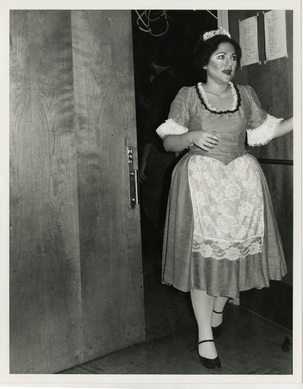 Actress exits a room in full costume before performing in Cosi Fan Tutti Opera, 1978