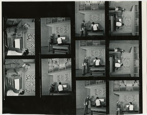 Various shots of Tom Harmon while he watches a student play the organ, c. 1984