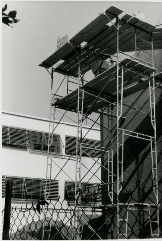 Erected scaffolding used in the construction of Schoenberg Hall