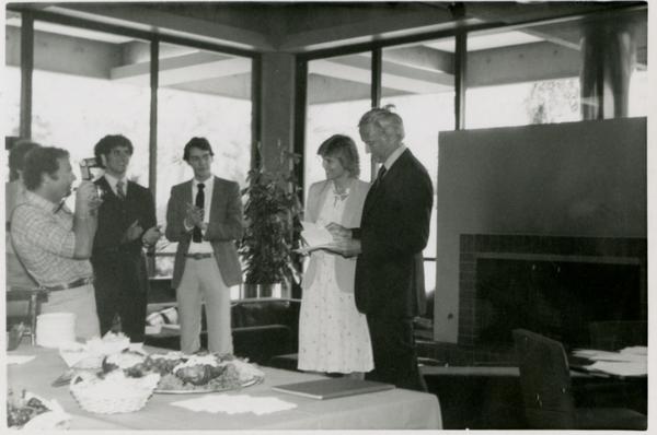 Two speakers in front of room facing attendees during Goldwyn Reception, May 1981