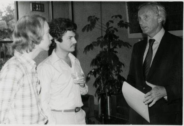 Three men speaking at Goldwyn Reception, May 1981