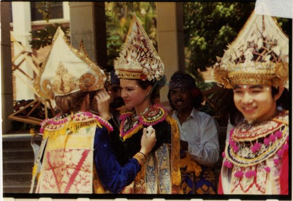 Students of Balinese dance class preparing for performane, ca. 1986