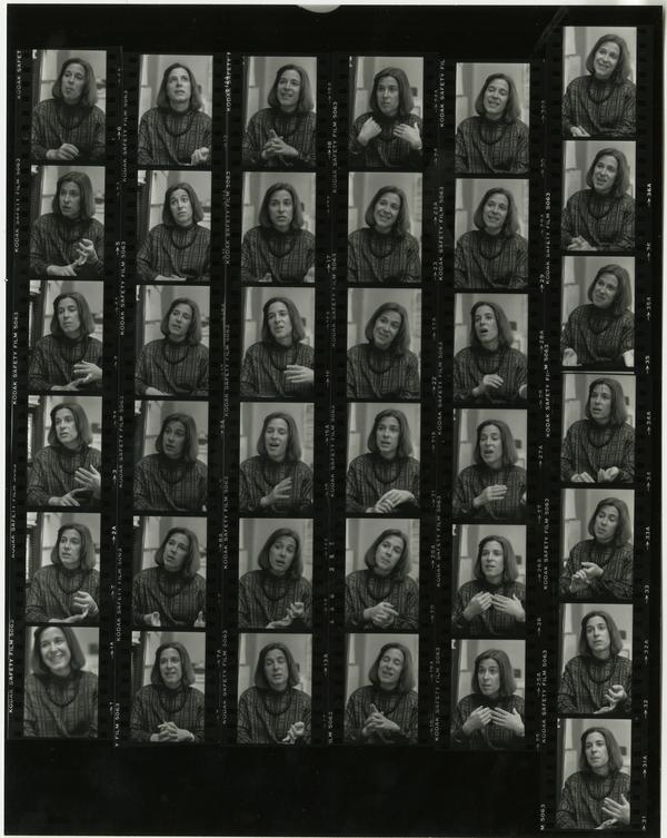 Contact sheet of portraits of Cindy Donovan in the Health Sciences Development department, 1984