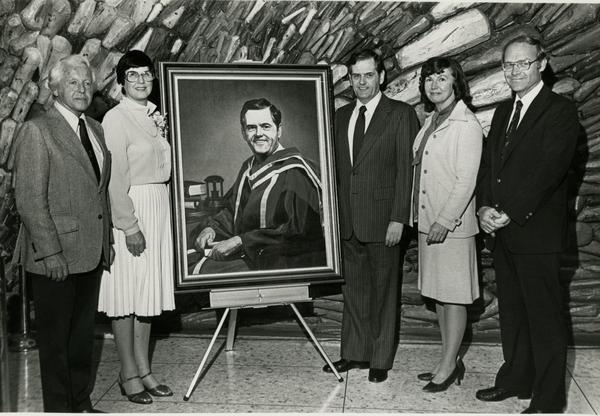 Group with portrait at UCLA Medical Center Fulfillment Fund Career Day, 1982
