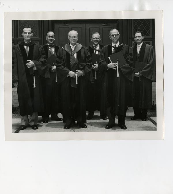Group portrait of Dr. Ralph Sonnenschein, Dr. A.F. Rasmussen, Dr. Charles M. Carpenter, Dr. Joseph Swartz, Dr. John M. Chapman, Dr. William P. Longmire, Jr. at the Dedication of University Window