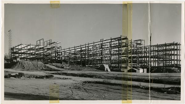 UCLA Medical School contruction - Iron structure completed; just prior to removing the crane, photo taken from the S.W. corner (12/15/1952)