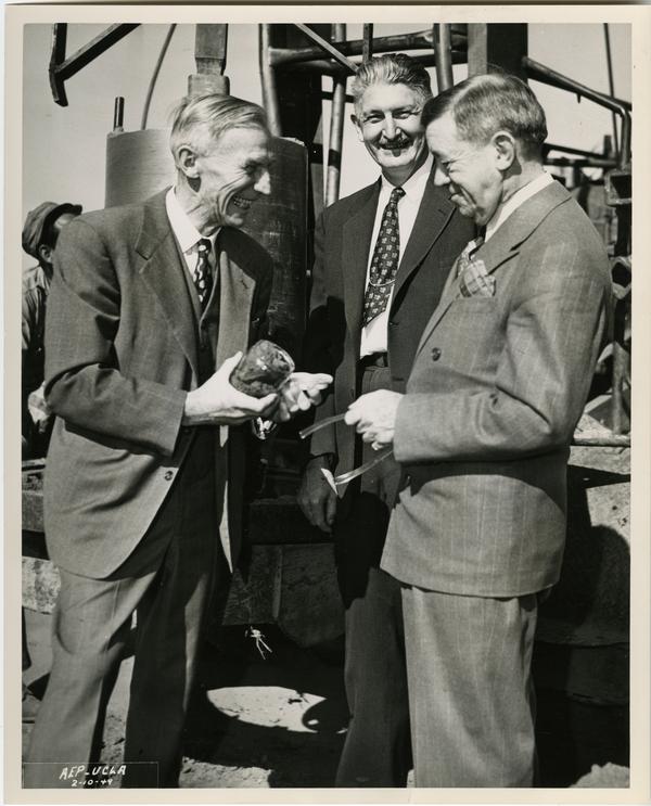 Groundbreaking ceremony of UCLA Medical Center; James Gilluly, Stafford Warren; Regent Edward A. Dickson (1949)
