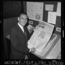 U.S. Olympic runner Billy Mills visiting the Los Angeles Times sports office, 1964