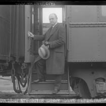 RKO president Hiram S. Brown in 1929, stepping off the train in Los Angeles, Calif.