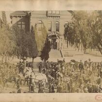 People gathered in front of Los Angeles High School, April 22, 1891