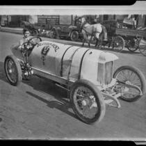 Santa Monica Road Races, Bob Burman in Blitzen Benz car, Santa Monica, 1911-1914, rephotographed 1950