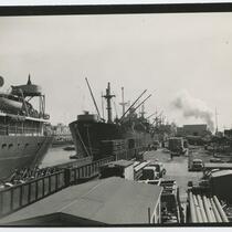 San PedroHarbor with ships and commercial products, February 23, 1945