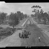 Team of horses working on road construction in Huntington Palisades, Pacific Palisades, 1929