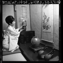 Yaye Karasawa seated in a tokonoma, Los Angeles, Calif., 1966