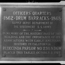 Plaque identifying Drum Barracks, Wilmington, [1930?]