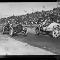 Santa Monica Road Races, two cars and crowd, Santa Monica, 1911-1914, rephotographed 1950