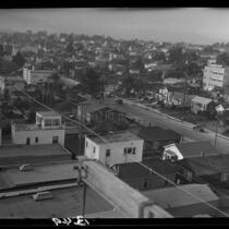 Oblique birdseye view towards residential portion of Main Street (?) before or after street widening, Santa Monica, 1930