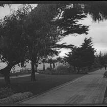 Two men striding down wide walkway in Palisades Park, Santa Monica, circa 1915-1925