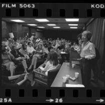 Psychologist Dione K. Sommers addressing UCLA graduate students and their spouses on "The Problems of a Dual-Career Marriage," in Los Angeles, Calif., 1980