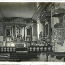 Mission San Buenaventura, California, interior of church showing pulpit and altar, Ventura, ca.1888