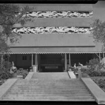 Grandstand entrance with equestrian-themed frieze at Santa Anita Park, Arcadia, 1936
