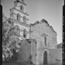 Mission San Diego de Alcalá, external view of the chapel façade and bell cote, San Diego, 1933
