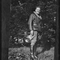 Young man in leather jacket in wooded area, [Ohio?], [1920s?]