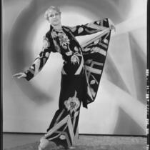 Peggy Hamilton modeling a Wanda Kofler pajama outfit with floral print, 1929