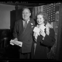 Actors Charles Laughton and wife, Elsa Lanchester after taking the United States oath of citizenship, 1950