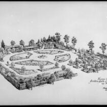 Drawing of homes & garden exhibit, Golden Gate International Exposition, San Francisco, 1939