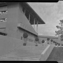 Grandstand and walkway to the clubhouse at Santa Anita Park, Arcadia, 1936