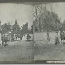 People and horse carriages outside the Haas Ranch in Los Angeles